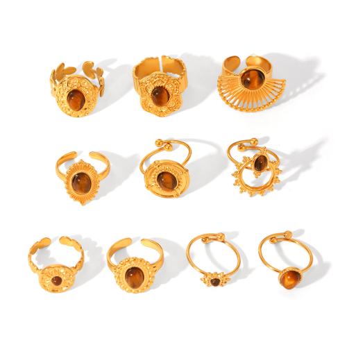 Gemstone Stainless Steel Finger Ring, 304 Stainless Steel, with Tiger Eye, plated, fashion jewelry & for woman, golden 