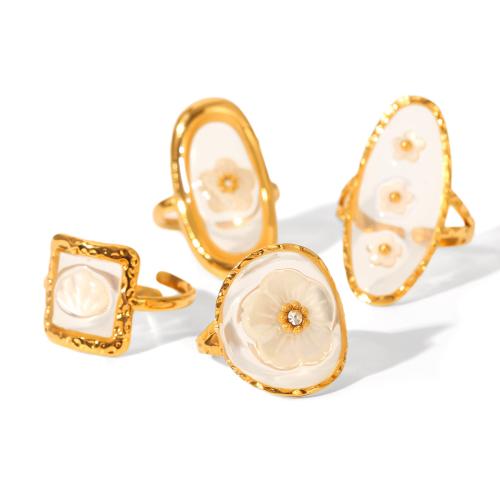 Bague en acier inoxydable , Acier inoxydable 304, avec coquille & résine, Plaqué or 18K, styles différents pour le choix & pour femme & avec strass, Vendu par PC