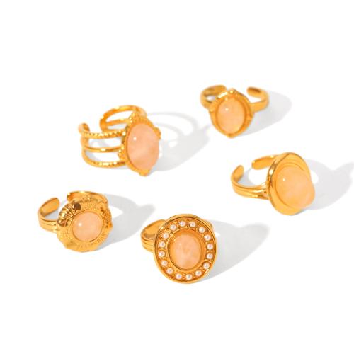 Quartz Finger Ring, 304 Stainless Steel, with Rose Quartz, plated, fashion jewelry & for woman, golden 