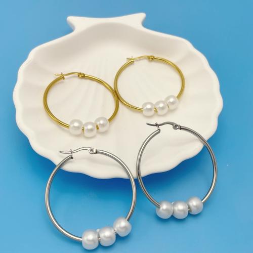 Boucle d'oreille en acier inoxydable Dangle, Acier inoxydable 304, avec perle de plastique, Placage, bijoux de mode & pour femme, plus de couleurs à choisir, Vendu par paire