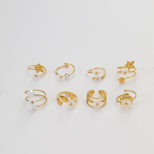 Bague en acier inoxydable, Acier inoxydable 304, avec résine & perle de plastique, Plaqué or 18K, styles différents pour le choix & pour femme & creux, Vendu par PC