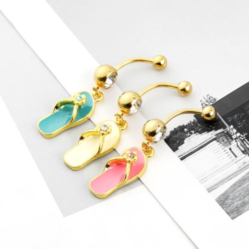 Stainless Steel Belly Ring, 304 Stainless Steel, Slipper, gold color plated, fashion jewelry & enamel & with rhinestone 