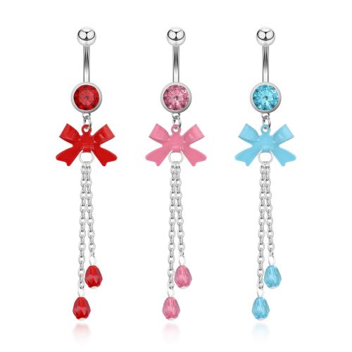 Stainless Steel Belly Ring, 304 Stainless Steel, Bowknot, silver color plated, fashion jewelry & with rhinestone 