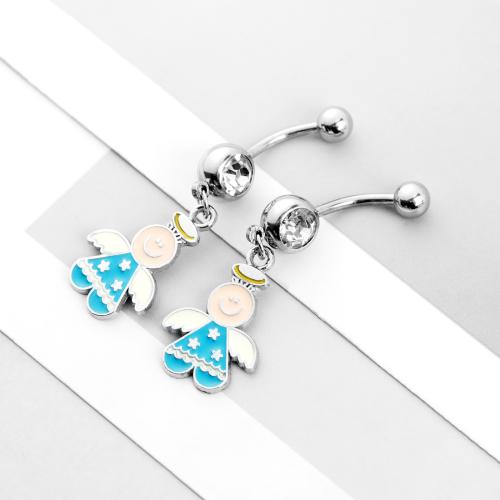 Stainless Steel Belly Ring, 304 Stainless Steel, Angel, silver color plated, fashion jewelry & enamel & with rhinestone, mixed colors 