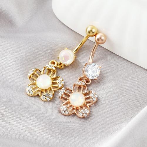 Stainless Steel Belly Ring, 304 Stainless Steel, with Opal & Titanium Alloy, Flower, plated, fashion jewelry & with rhinestone 