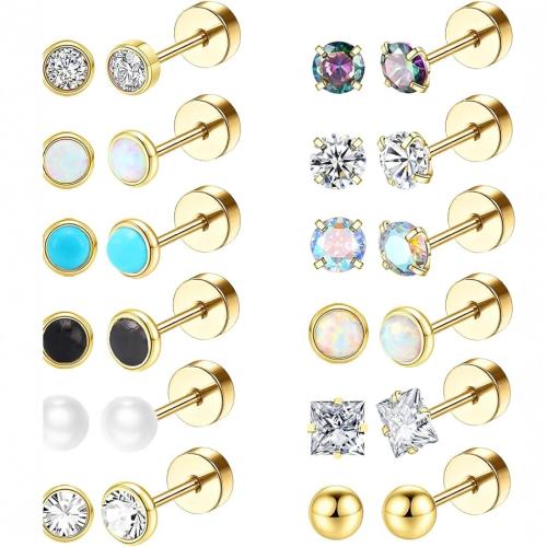 Bijoux de piercing d'oreille en acier inoxydable, Acier inoxydable 304, avec Pierre naturelle & laiton, Placage, bijoux de mode & pavé de micro zircon, plus de couleurs à choisir Vendu par paire