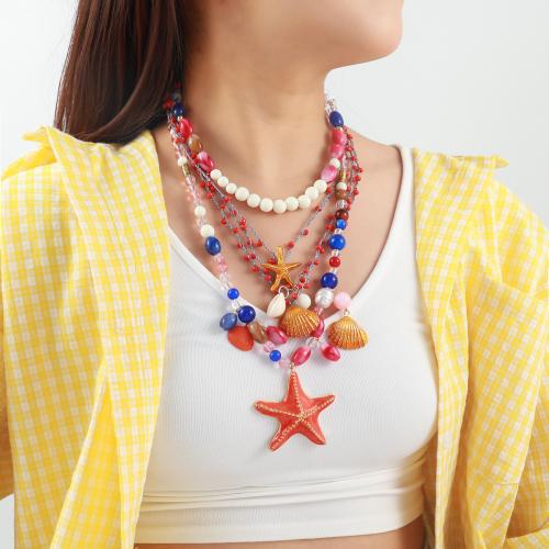 Collier de mode Multi couche, résine, avec coquille & alliage de zinc, Placage de couleur d'or, bijoux de mode & multicouche, plus de couleurs à choisir, Vendu par PC