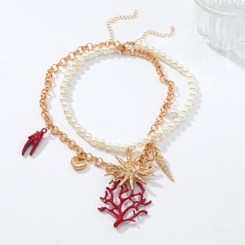 Collier de perles en plastique, alliage de zinc, avec Plastique ABS perle, Placage de couleur d'or, Double couche & bijoux de mode, plus de couleurs à choisir, Vendu par PC