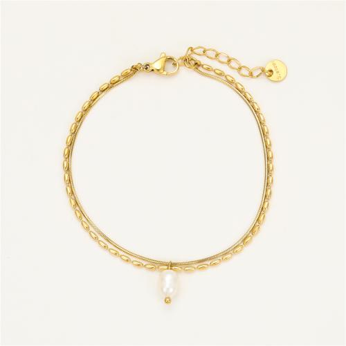 Bracelets de perles, Acier inoxydable 304, avec perle d'eau douce cultivée, Placage, Double couche & bijoux de mode & pour femme, plus de couleurs à choisir, Vendu par PC[