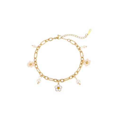 Acero inoxidable Pulsera con dijes, acero inoxidable 304, con resina & Perlas plásticas, chapado en oro de 18 K, diferentes estilos para la opción & para mujer & esmalte, Vendido por UD