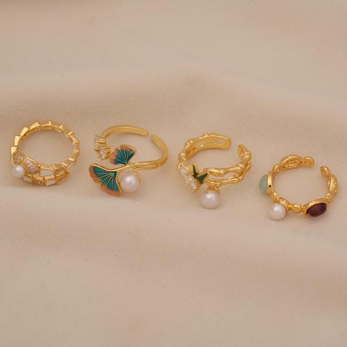 Цирконий Micro Pave Латунь палец кольцо, с кубический цирконий & Пластиковая жемчужина, разные стили для выбора & Женский & эмаль, Золотой, продается PC