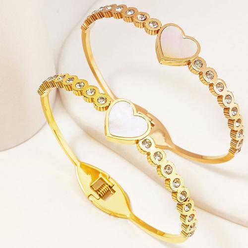 Stainless Steel Bangle, 304 Stainless Steel, with White Shell, plated, fashion jewelry & for woman & with rhinestone 