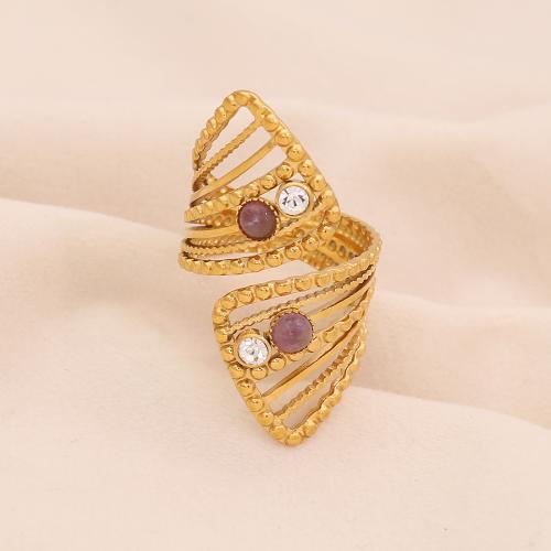 Gemstone Brass Finger Ring, with Natural Stone, plated & for woman & hollow, golden 
