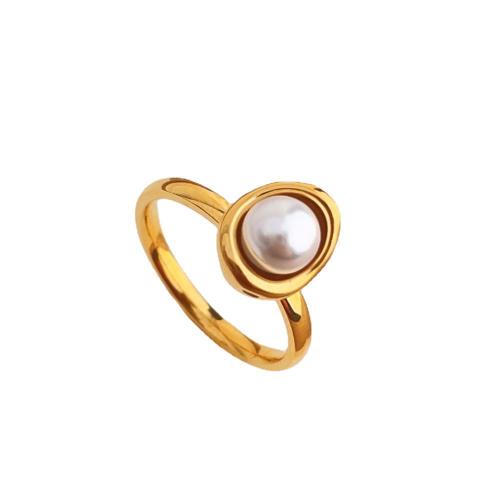 Bague en acier inoxydable, Acier inoxydable 304, avec perle de plastique, Placage, bijoux de mode & normes différentes pour le choix & pour femme, doré, Vendu par PC
