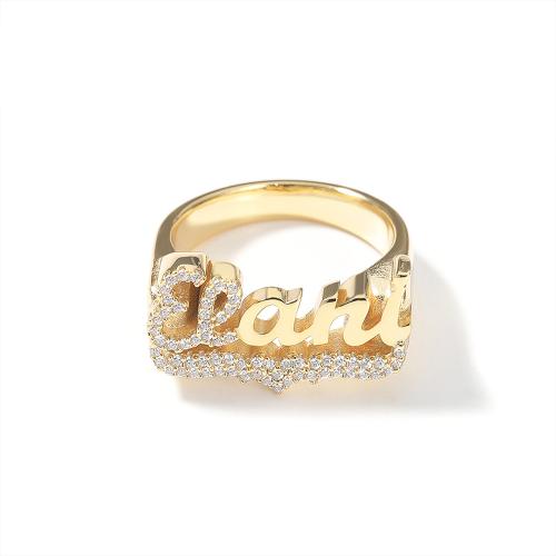 Латунь Кольцо, Алфавитное письмо, плакирован золотом, Мужская & разный размер для выбора & разные стили для выбора & инкрустированное микро кубического циркония, размер:6-11, продается PC