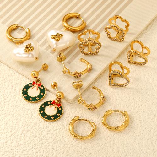 Boucle en acier inoxydable zircons cubiques, Acier inoxydable 304, Placage, pavé de micro zircon & pour femme & creux, doré, Vendu par paire