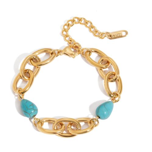 Stainless Steel Chain Bracelets, 304 Stainless Steel, with turquoise, plated, fashion jewelry & for woman, golden 