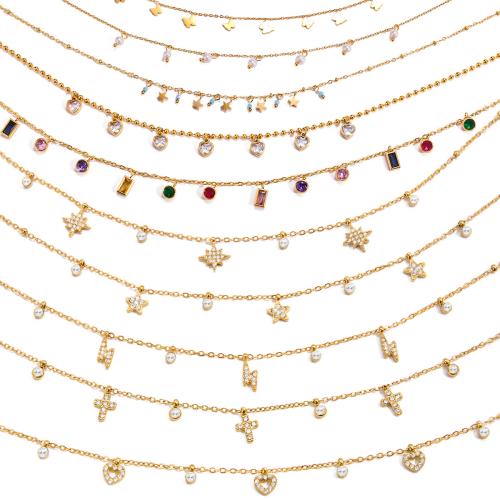 Zirkonia Edelstahl Halskette, 304 Edelstahl, plattiert, verschiedene Stile für Wahl & Micro pave Zirkonia & für Frau, goldfarben, verkauft von PC