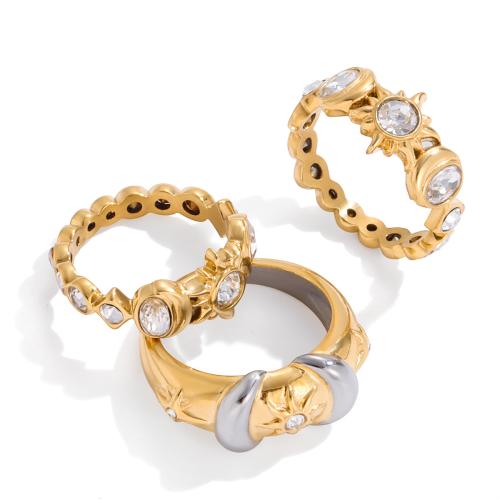 Bague en acier inoxydable Incrusté de zircon, Acier inoxydable 304, Placage, normes différentes pour le choix & styles différents pour le choix & pavé de micro zircon & pour femme, doré, Vendu par PC