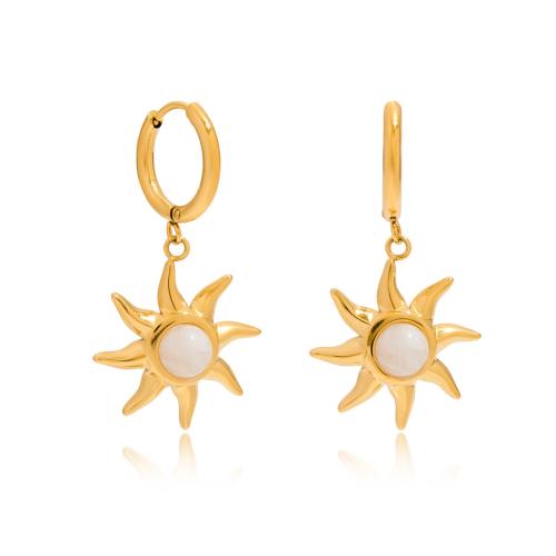 Boucle d'oreille goutte inox, Acier inoxydable 304, avec Moonstone, soleil, Placage, bijoux de mode & pour femme, doré, Vendu par paire