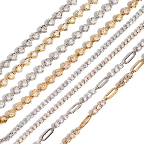 Stainless Steel Chain Bracelets, 304 Stainless Steel, with Cubic Zirconia, plated, fashion jewelry & for woman 