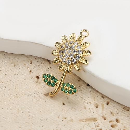 Cubic Zirconia Micro Pave Brass Pendant, Sunflower, gold color plated, DIY & micro pave cubic zirconia, golden 
