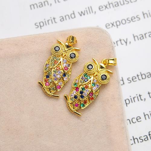 Cubic Zirconia Micro Pave Brass Pendant, Owl, plated, DIY & micro pave cubic zirconia, golden 