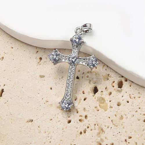 Cubic Zirconia Micro Pave Brass Pendant, Cross, plated, DIY & micro pave cubic zirconia, silver color 