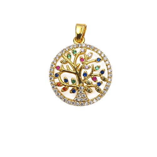 Cubic Zirconia Micro Pave Brass Pendant, Tree, plated, DIY & micro pave cubic zirconia & hollow, golden 
