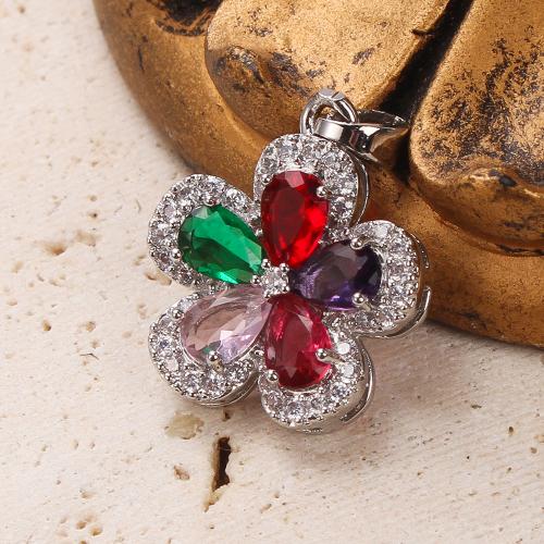 Crystal Brass Pendants, with Crystal, Flower, plated, DIY & micro pave cubic zirconia, silver color 