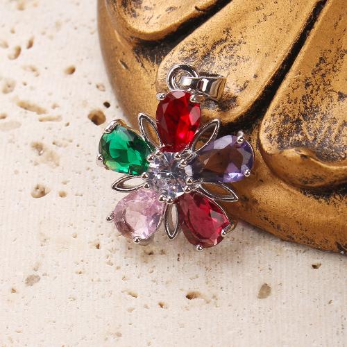 Crystal Brass Pendants, with Crystal, Flower, plated, DIY & micro pave cubic zirconia, silver color 