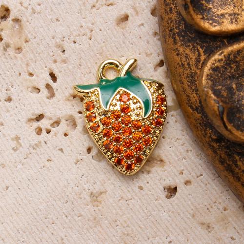 Emaille Messing Anhänger, Erdbeere, plattiert, DIY & Micro pave Zirkonia, goldfarben, 11.9x3.6x16.46mm, 20PCs/Tasche, verkauft von Tasche