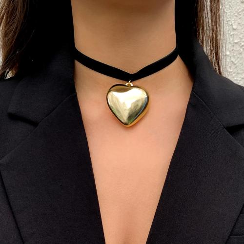 Zinc Alloy Necklace, with iron chain & Velveteen & Glass, Heart, plated & for woman [