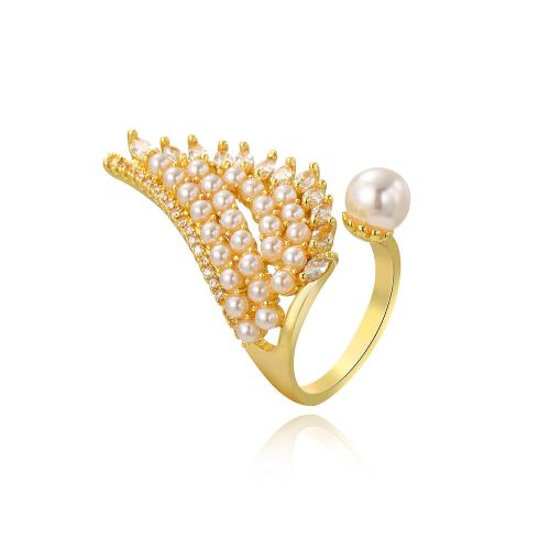 Латунь Манжеты палец кольцо, с Пластиковая жемчужина, Форма крыла, плакирован золотом, инкрустированное микро кубического циркония & Женский, размер:8, продается PC