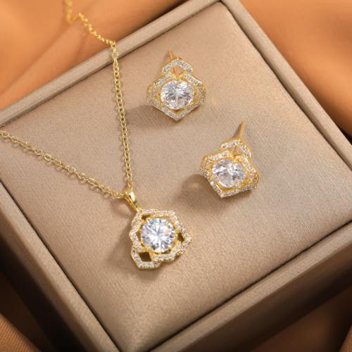 metal Conjunto de joya, Pendiente de stud & collar, Flor, chapado, 2 piezas & para mujer & con diamantes de imitación, más colores para la opción, necklace length 17inch, earring size 11.5x11.5mm, Vendido por UD