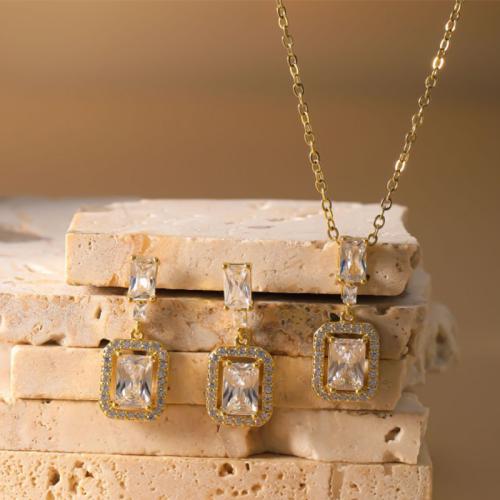 metal Conjunto de joya, pendiente & collar, Patrón Geométrico, chapado, 2 piezas & para mujer & con diamantes de imitación, más colores para la opción, Vendido por Set