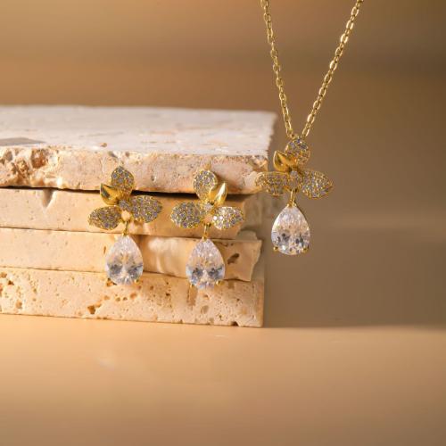 metal Conjunto de joya, pendiente & collar, Gota, chapado, 2 piezas & para mujer & con diamantes de imitación, más colores para la opción, Vendido por Set