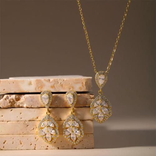 metal Conjunto de joya, pendiente & collar, chapado, 2 piezas & para mujer & con diamantes de imitación, más colores para la opción, Vendido por Set