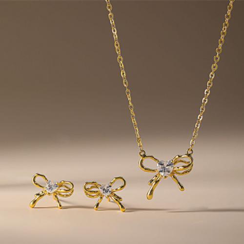 metal Conjunto de joya, Pendiente de stud & collar, Lazo, chapado, 2 piezas & para mujer & con diamantes de imitación, más colores para la opción, Vendido por Set