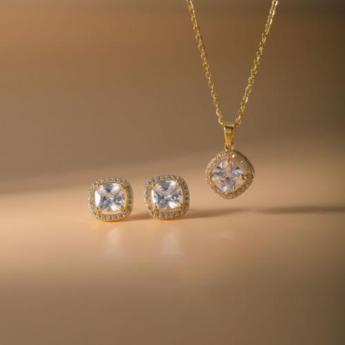 metal Conjunto de joya, Pendiente de stud & collar, Cuadrado, chapado, 2 piezas & para mujer & con diamantes de imitación, más colores para la opción, Vendido por Set