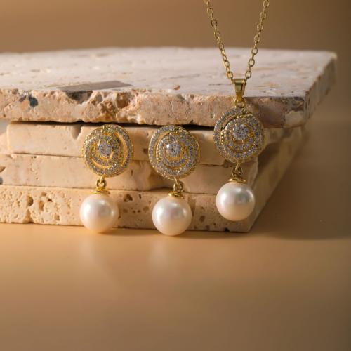 metal Conjunto de joya, pendiente & collar, con Perlas plásticas, chapado, 2 piezas & para mujer & con diamantes de imitación, más colores para la opción, Vendido por Set