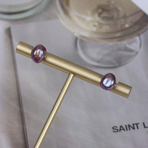 Boucle d'oreille en argent sterling Stud perle naturelle, argent sterling 925, avec perle d'eau douce cultivée, Baroque, bijoux de mode, violet, 7-8mm, Vendu par paire[
