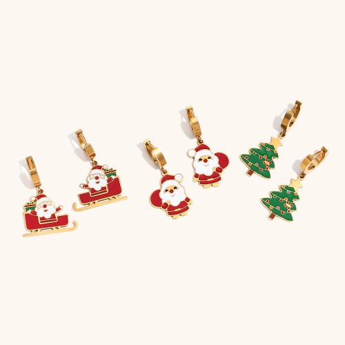 Boucles d'oreilles de Noël, Acier inoxydable 304, Plaqué or 18K, Conception de Noël & styles différents pour le choix & pour femme & émail, Vendu par paire