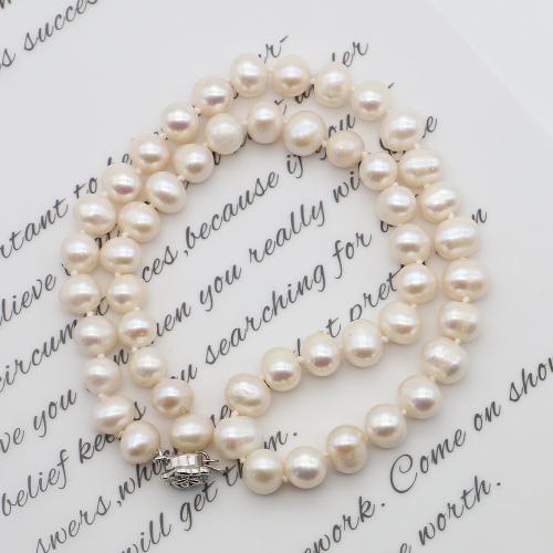 Природное пресноводное жемчужное ожерелье, Пресноводные жемчуги, с Нержавеющая сталь 304, Форма картофеля, ювелирные изделия моды, белый, 8-9mm, длина:42 см, продается Strand