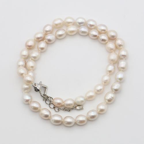 Природное пресноводное жемчужное ожерелье, Пресноводные жемчуги, с Нержавеющая сталь 304, Рисообразная, ювелирные изделия моды, белый, 7-8mm, длина:40 см, продается Strand