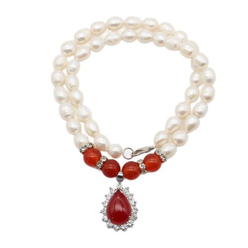 Агат пресноводных жемчужное ожерелье, Пресноводные жемчуги, с красный агат & Нержавеющая сталь 304 & цинковый сплав, Рисообразная, ювелирные изделия моды & инкрустированное микро кубического циркония, разноцветный, 8-9mm, длина:44 см, продается Strand