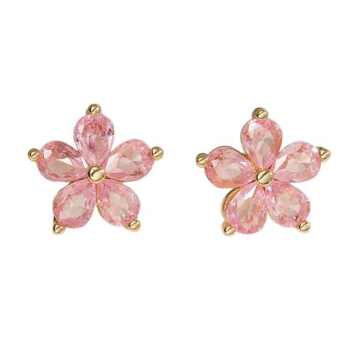 Cubic Zircon Brass Earring, Flower, 18K gold plated, micro pave cubic zirconia & for woman 