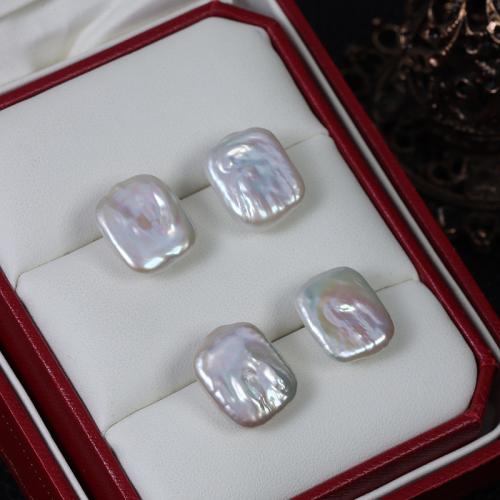 Boucle d'oreille en argent sterling Stud perle naturelle, argent sterling 925, avec perle d'eau douce cultivée, Baroque, bijoux de mode, blanc, 14-16mm, Vendu par paire[
