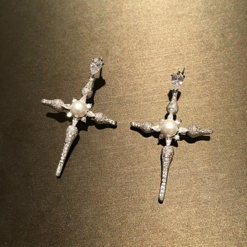 Befestiger Zirkonia Messing Ohrring, mit Kunststoff Perlen, Kreuz, plattiert, Modeschmuck & Micro pave Zirkonia & für Frau, verkauft von Paar