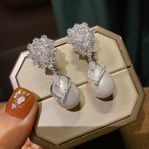 Befestiger Zirkonia Messing Ohrring, mit Kunststoff Perlen, plattiert, Modeschmuck & Micro pave Zirkonia & für Frau, keine, verkauft von Paar
